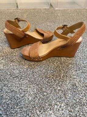 Lucky Brand Braided Cognac Tan Wedge Sandals with Ankle Strap